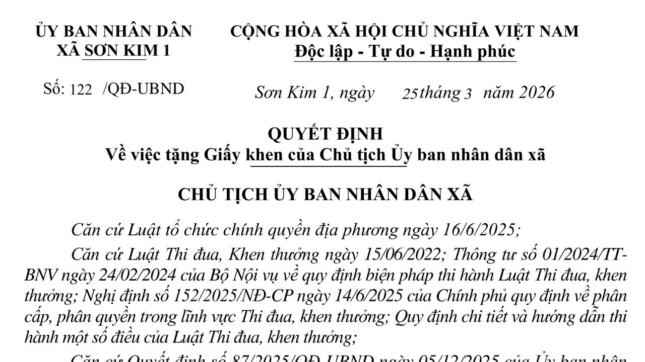 Quyết định tặng Giấy khen của Chủ tịch Ủy ban nhân dân xã cho các tập thể, cá nhân có thành tích về bầu cử Đại biểu Quốc hội và HĐND các cấp