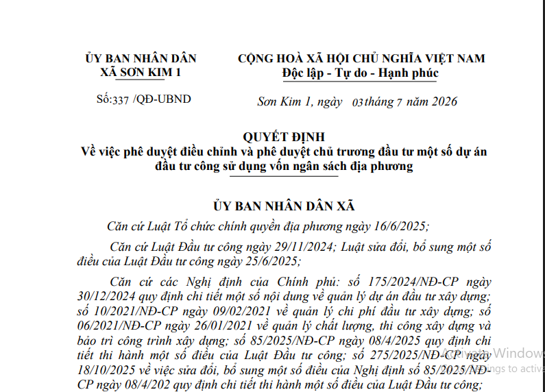 Quyết định phê duyệt điều chỉnh và phê duyệt chủ trương đầu tư một số dự án đầu tư công sử dụng vốn ngân sách địa phương