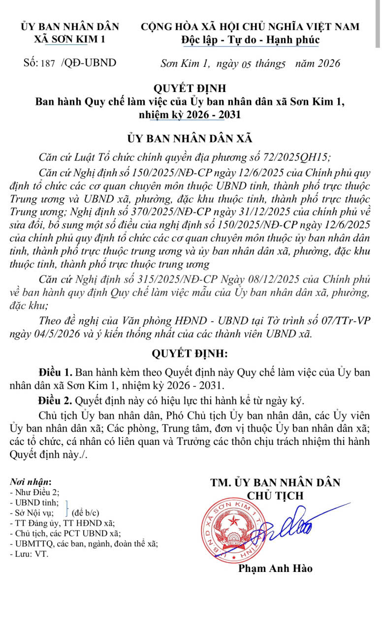 Quyết định Ban hành Quy chế làm việc của Ủy ban nhân dân xã Sơn Kim 1, nhiệm kỳ 2026 - 2031
