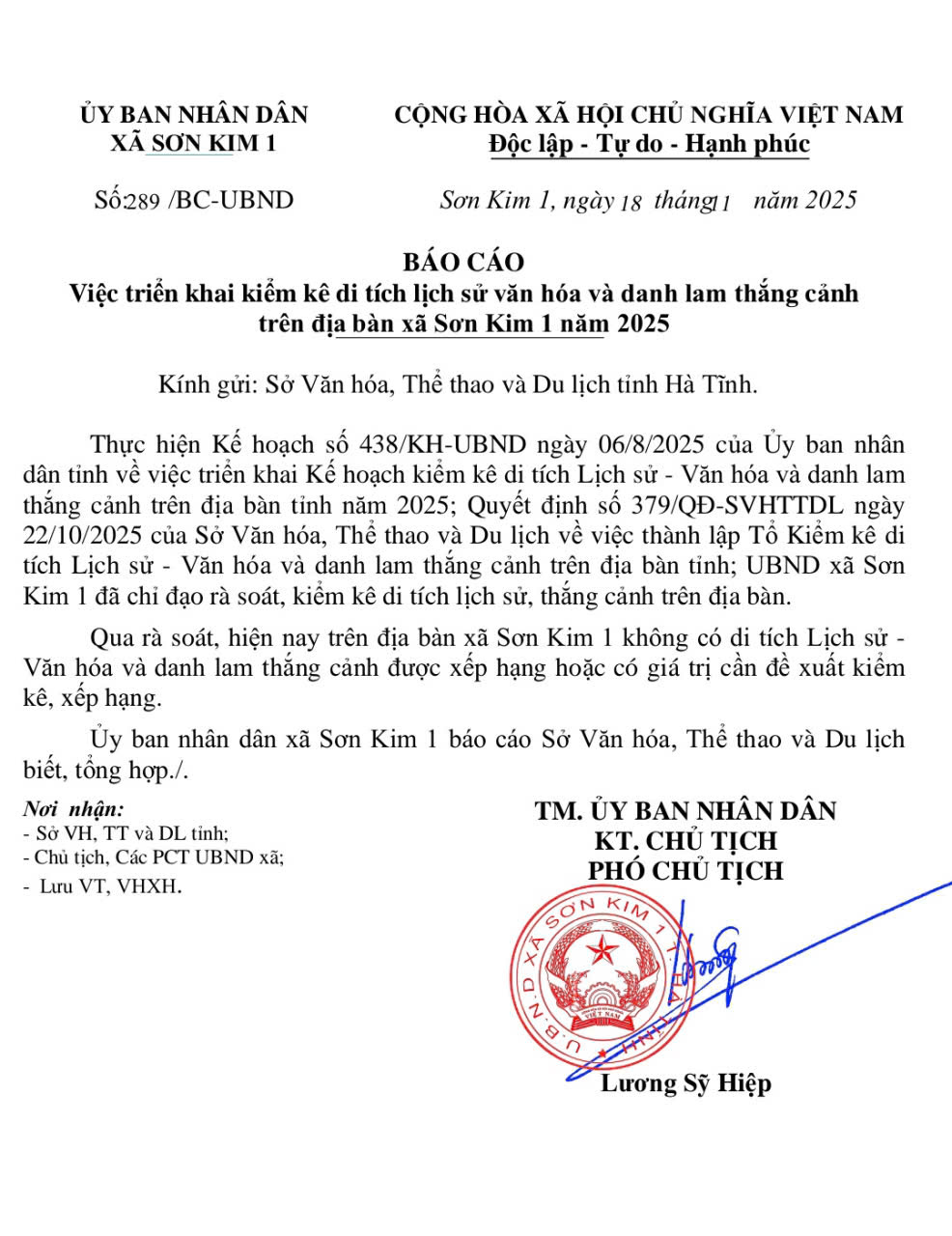 Báo cáo Việc triển khai kiểm kê di tích lịch sử văn hóa và danh lam thắng cảnh  trên địa bàn xã Sơn Kim 1 năm 2025