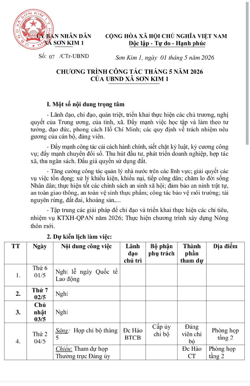 Chương trình công tác tháng 5 năm 2026 của Ủy ban nhân dân xã Sơn Kim 1