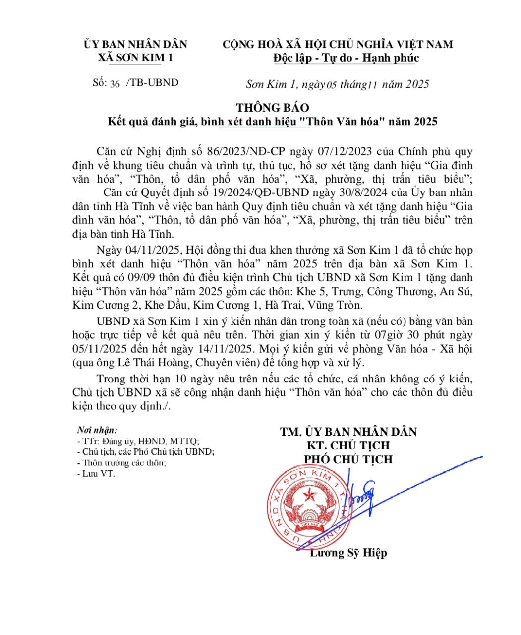 Thông báo số 36/TB-UBND về Kết quả đánh giá, bình xét danh hiệu "Thôn Văn hóa" năm 2025