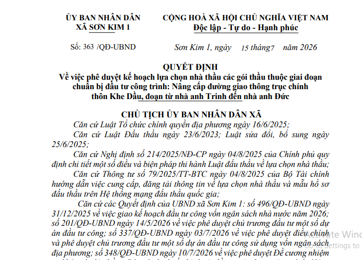 Quyết định Về việc phê duyệt kế hoạch lựa chọn nhà thầu các gói thầu thuộc giai đoạn chuẩn bị đầu tư công trình: Nâng cấp đường giao thông trục chính thôn Khe Dầu, đoạn từ nhà anh Trinh đến nhà anh Đức