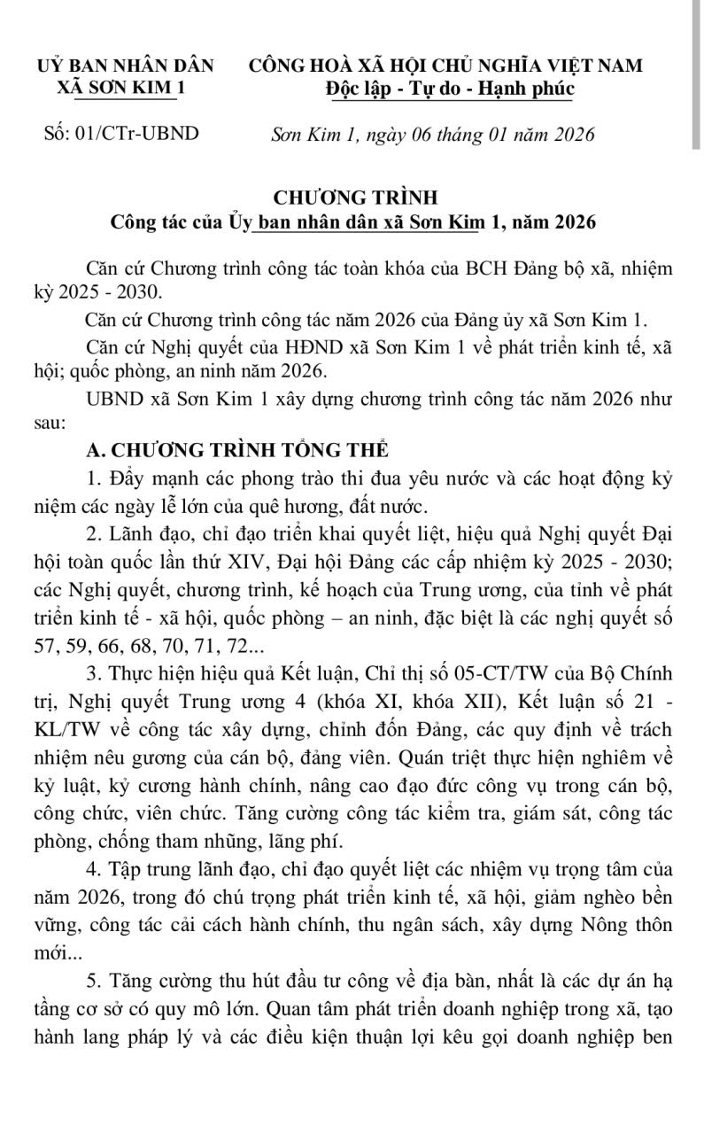 Chương trình Công tác của Ủy ban nhân dân xã Sơn Kim 1, năm 2026