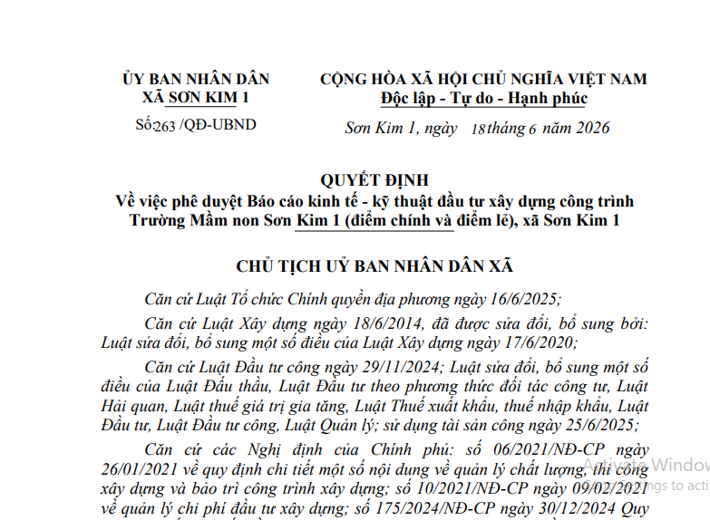 Quyết định Về việc phê duyệt Báo cáo kinh tế - kỹ thuật đầu tư xây dựng công trình Trường Mầm non Sơn Kim 1 (điểm chính và điểm lẻ), xã Sơn Kim 1