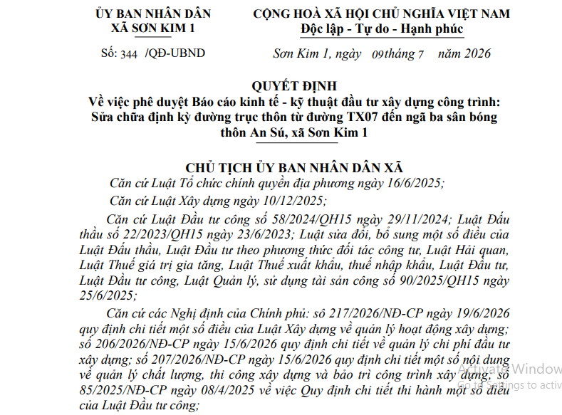 Quyết định Về việc phê duyệt Báo cáo kinh tế - kỹ thuật đầu tư xây dựng công trình: Sửa chữa định kỳ đường trục thôn từ đường TX07 đến ngã ba sân bóng thôn An Sú, xã Sơn Kim 1