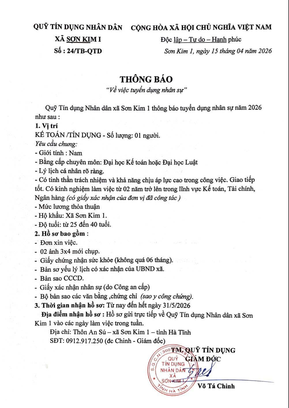 Qũy tín dụng ND xã Sơn Kim 1 Thông báo tuyển dụng nhân sự Kế toán/Tín dụng