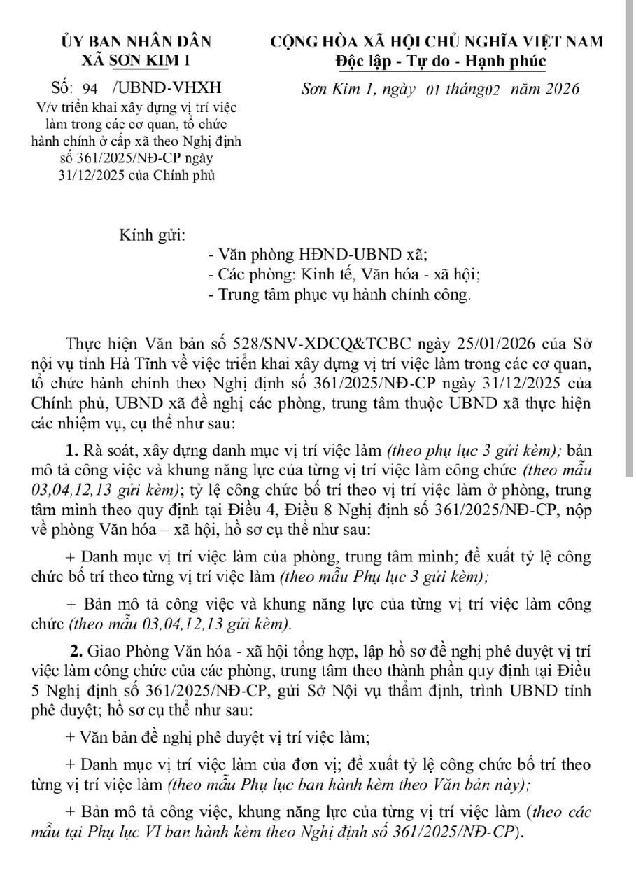 Công văn triển khai xây dựng vị trí việc làm trong các cơ quan, tổ chức hành chính ở cấp xã theo Nghị định số 361/2025/NĐ-CP ngày 31/12/2025 của Chính phủ