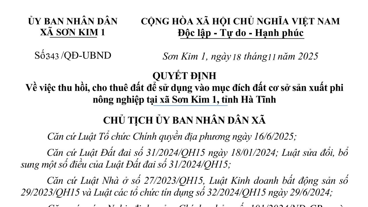 Quyết định Thu hồi, cho thuê đất để sử dụng vào mục đích đất cơ sở sản xuất phi nông nghiệp tại xã Sơn Kim 1, tỉnh Hà Tĩnh 