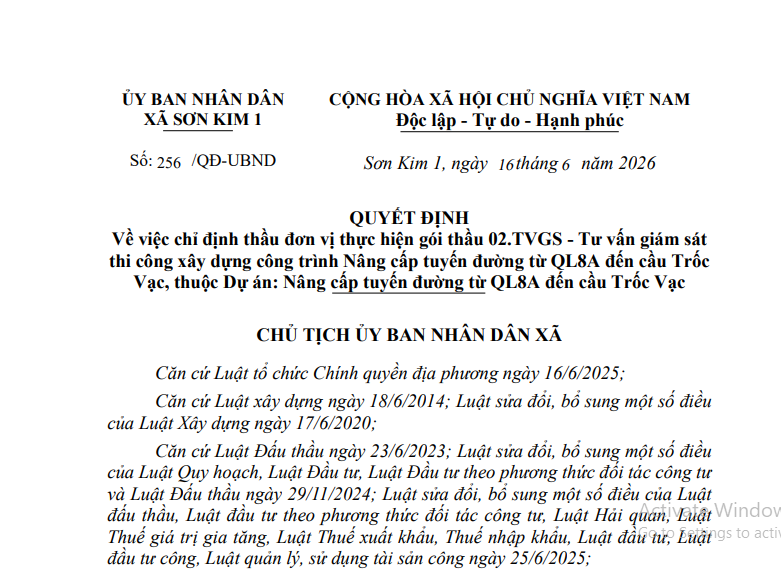 Quyết định Về việc chỉ định thầu đơn vị thực hiện gói thầu 02.TVGS - Tư vấn giám sát thi công xây dựng công trình Nâng cấp tuyến đường từ QL8A đến cầu Trốc Vạc, thuộc Dự án: Nâng cấp tuyến đường từ QL8A đến cầu Trốc Vạc