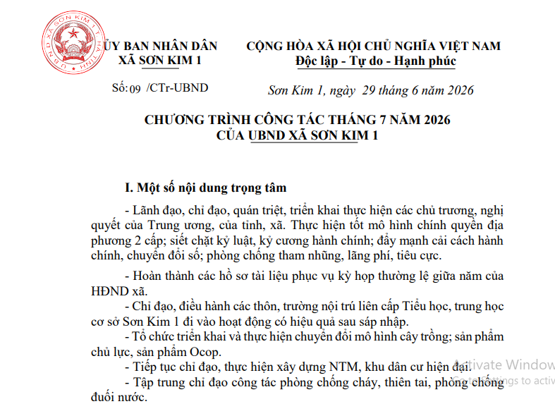 Chương trình công tác tháng 7 năm 2026 của Ủy ban nhân dân xã Sơn Kim 1
