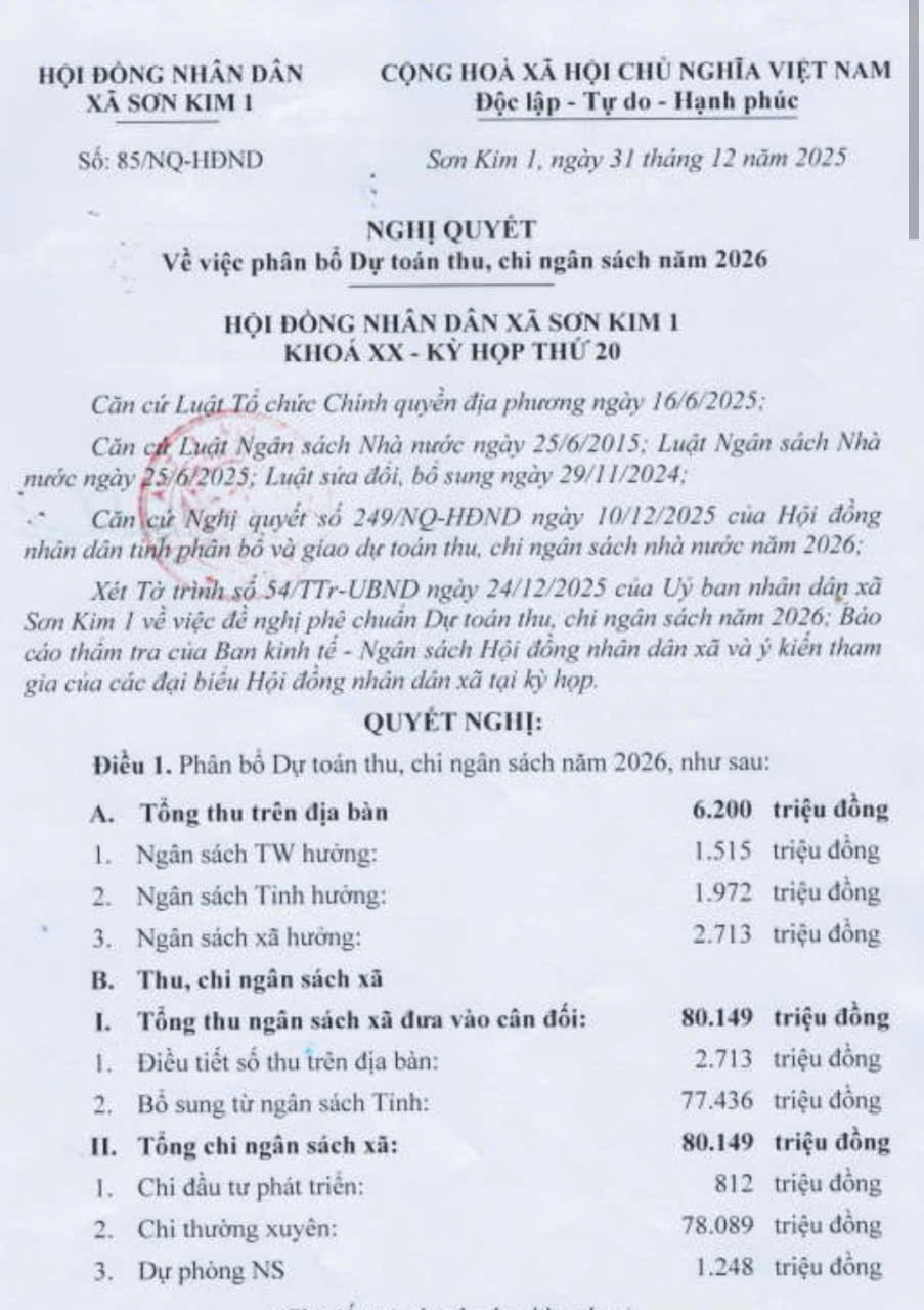 Nghị quyết về việc phân bổ dự toán thu, chi ngân sách năm 2026