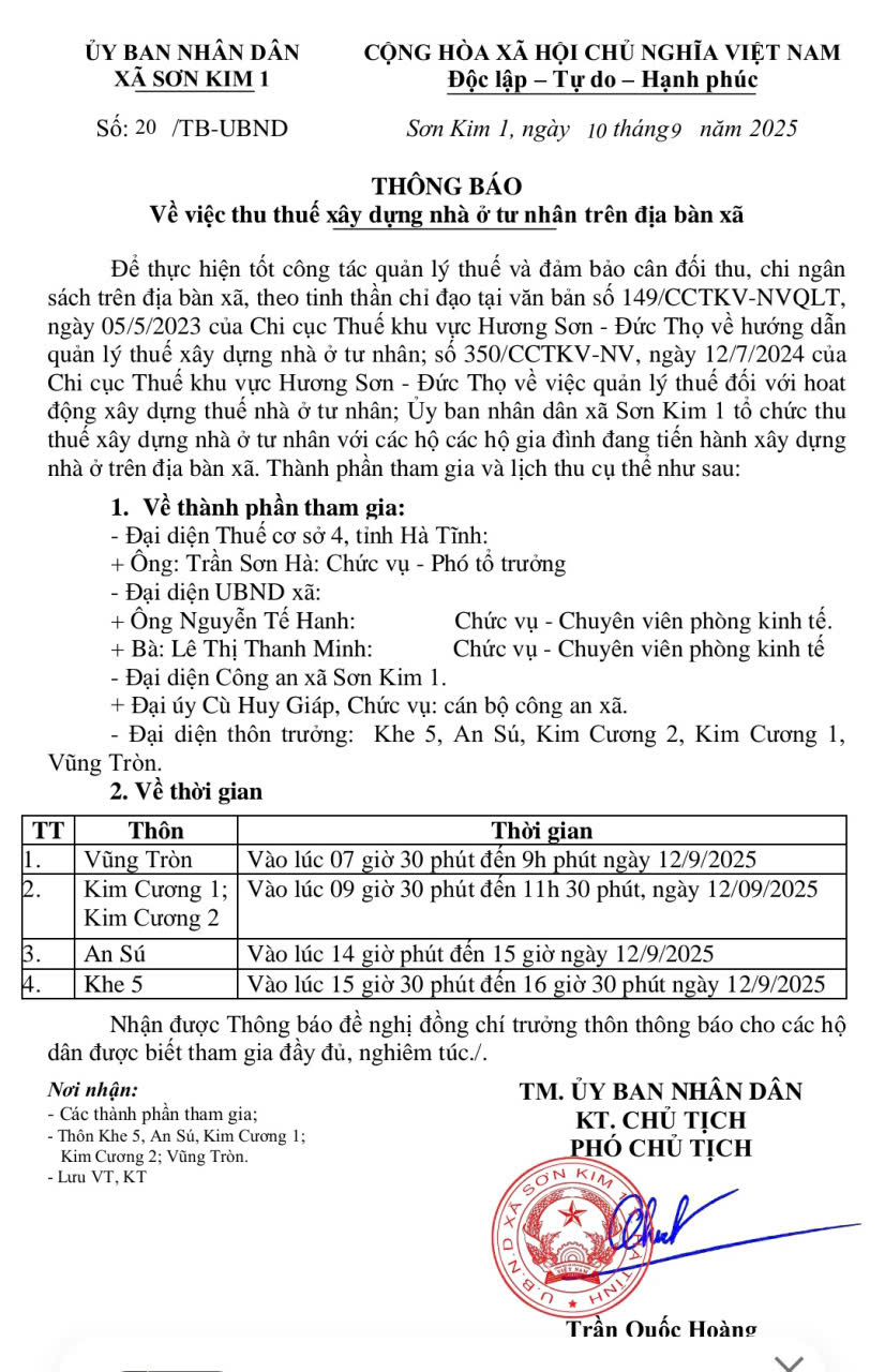Thông báo Về việc thu thuế xây dựng nhà ở tư nhân trên địa bàn xã