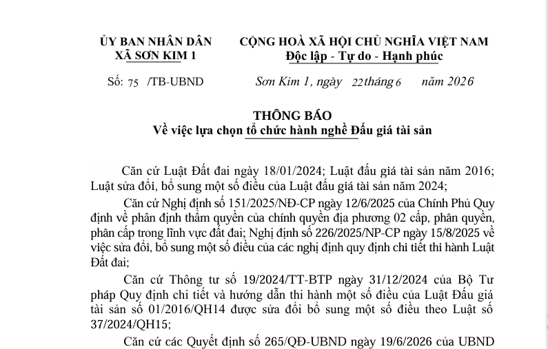 Thông báo Về việc lựa chọn tổ chức hành nghề Đấu giá tài sản