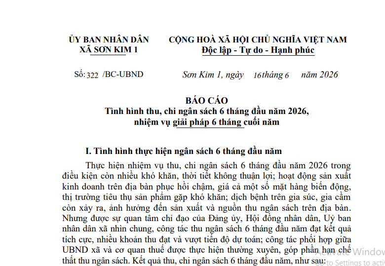 Báo cáo Tình hình thu, chi ngân sách 6 tháng đầu năm 2026, nhiệm vụ giải pháp 6 tháng cuối năm