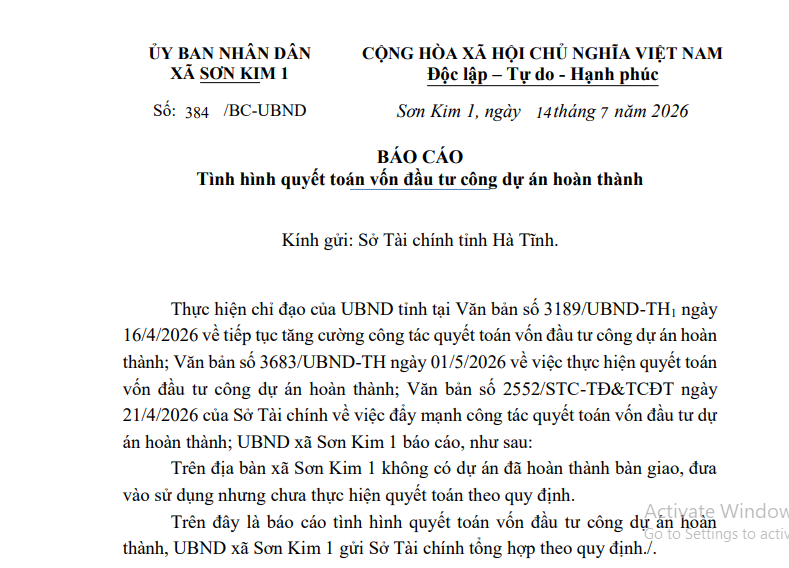 Báo cáo Tình hình quyết toán vốn đầu tư công dự án hoàn thành