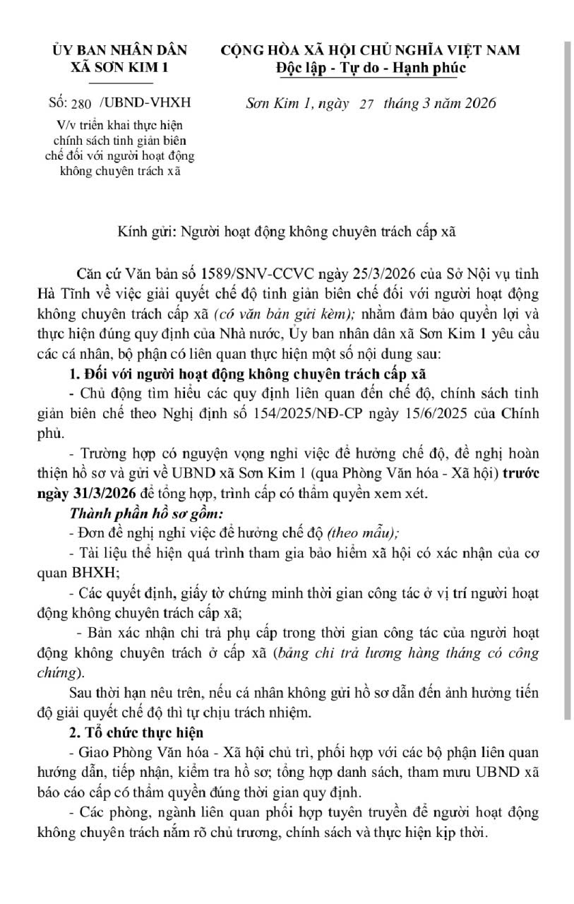 Công văn triển khai thực hiện chính sách tinh giản biên chế đối với người hoạt động không chuyên trách xã