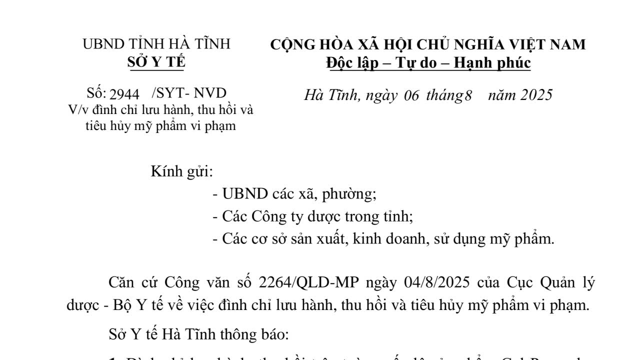 Sở y tế tỉnh Thông báo Đình chỉ lưu hành, thu hồi và  tiêu hủy mỹ phẩm vi phạm