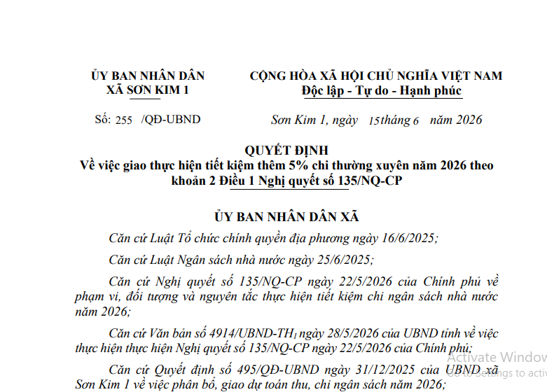 Quyết định Về việc giao thực hiện tiết kiệm thêm 5% chi thường xuyên năm 2026 theo khoản 2 Điều 1 Nghị quyết số 135/NQ-CP