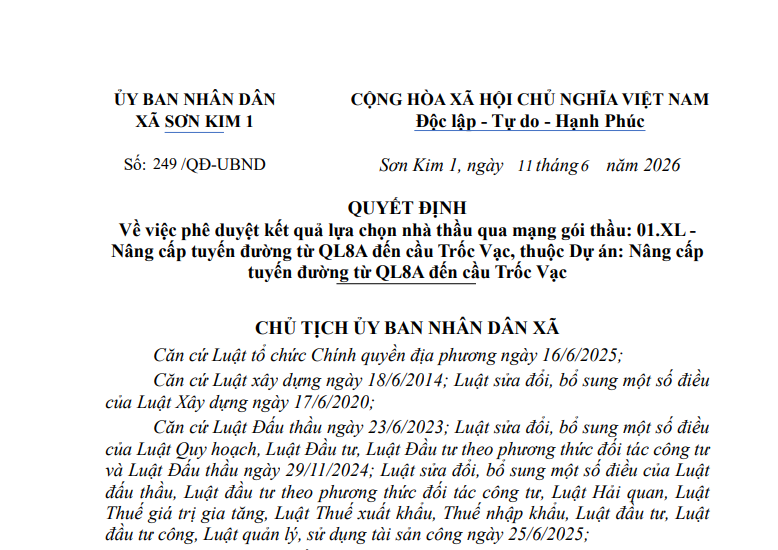 Quyết định Về việc phê duyệt kết quả lựa chọn nhà thầu qua mạng gói thầu: 01.XL - Nâng cấp tuyến đường từ QL8A đến cầu Trốc Vạc, thuộc Dự án: Nâng cấp tuyến đường từ QL8A đến cầu Trốc Vạc