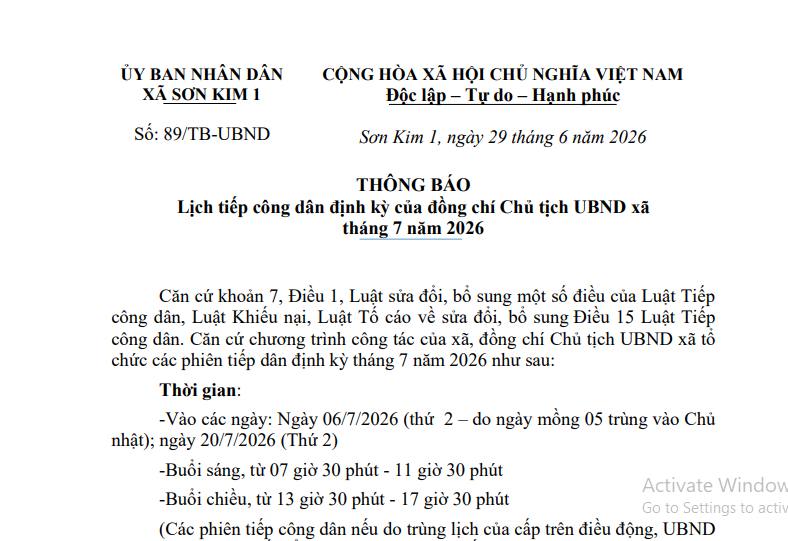 Thông báo Lịch tiếp công dân định kỳ của đồng chí Chủ tịch UBND xã tháng 7 năm 2026