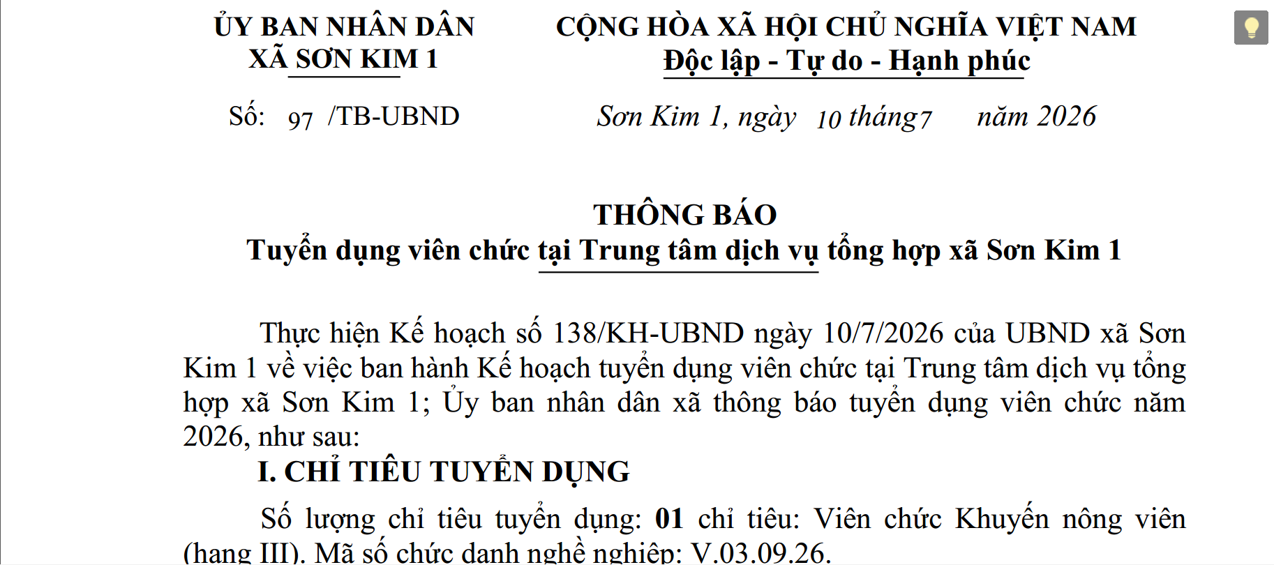 Thông báo Tuyển dụng viên chức tại Trung tâm dịch vụ tổng hợp xã Sơn Kim 1