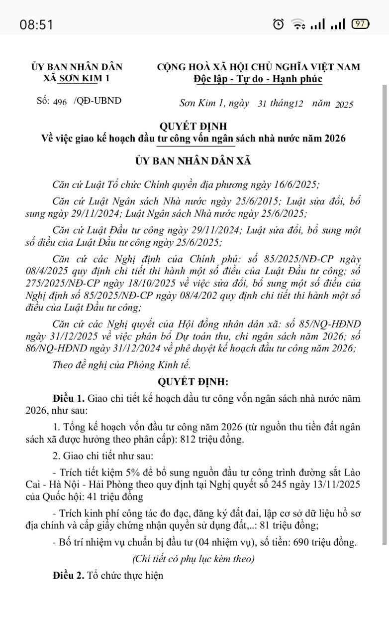 Quyết định Về việc giao kế hoạch đầu tư công vốn ngân sách nhà nước năm 2026