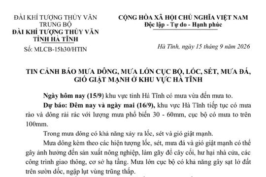 Tin cảnh báo mưa giông, mưa lớn cục bộ, lốc, sét, mưa đá, gió giật mạnh ở khu vực Hà Tĩnh