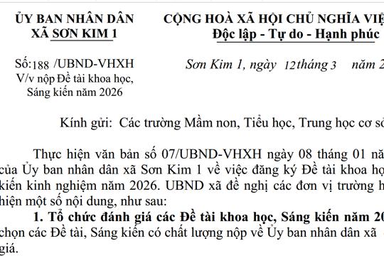 Công văn nộp Đề tài khoa học, Sáng kiến năm 2026 