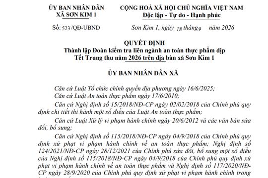 Quyết định Thành lập Đoàn kiểm tra liên ngành an toàn thực phẩm dịp Tết Trung thu năm 2026 trên địa bàn xã Sơn Kim 1 