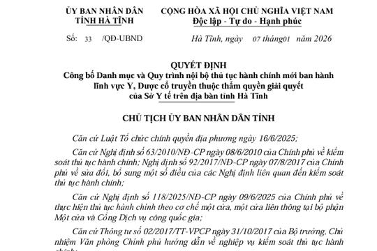 Quyết định Công bố Danh mục và Quy trình nội bộ thủ tục hành chính mới ban hành  lĩnh vực Y, Dược cổ truyền thuộc thẩm quyền giải quyết   của Sở Y tế trên địa bàn tỉnh Hà Tĩnh