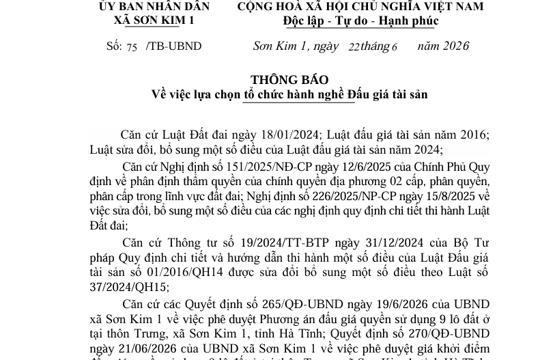 Thông báo Về việc lựa chọn tổ chức hành nghề Đấu giá tài sản 