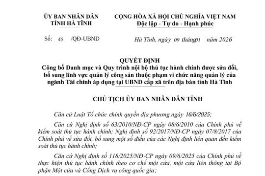 Quyết định Công bố Danh mục và Quy trình nội bộ thủ tục hành chính được sửa đổi,  bổ sung lĩnh vực quản lý công sản thuộc phạm vi chức năng quản lý của  ngành Tài chính áp dụng tại UBND cấp xã trên địa bàn tỉnh Hà Tĩnh