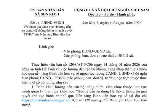 Công văn tham gia khóa học “Hướng dẫn sử dụng Hệ thống thông tin giải quyết TTHC” qua Nền tảng Bình dân học vụ số 