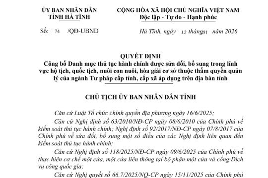 Quyết định Công bố Danh mục thủ tục hành chính được sửa đổi, bổ sung trong lĩnh  vực hộ tịch, quốc tịch, nuôi con nuôi, hòa giải cơ sở thuộc thẩm quyền quản  lý của ngành Tư pháp cấp tỉnh, cấp xã áp dụng trên địa bàn tỉnh