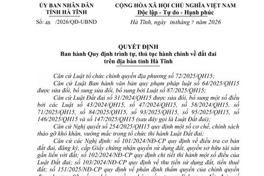 Quyết định Ban hành Quy định trình tự, thủ tục hành chính về đất đai   trên địa bàn tỉnh Hà Tĩnh 