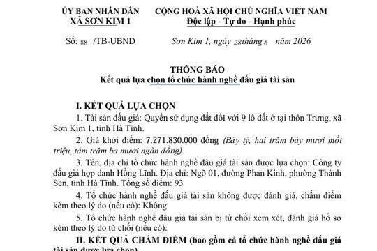 Thông báo Kết quả lựa chọn tổ chức hành nghề đấu giá tài sản 