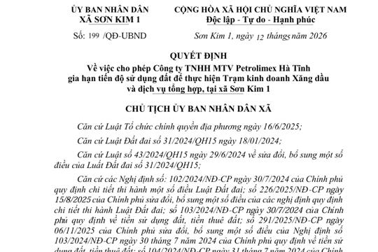 Quyết định cho phép Công ty TNHH MTV Petrolimex Hà Tĩnh gia hạn tiến độ sử dụng đất để thực hiện Trạm kinh doanh Xăng dầu và dịch vụ tổng hợp, tại xã Sơn Kim 1 