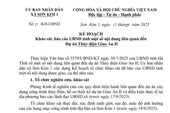 Kế hoạch Khảo sát, báo cáo UBND tỉnh một số nội dung liên quan đến  Dự án Thủy điện Giao An II 