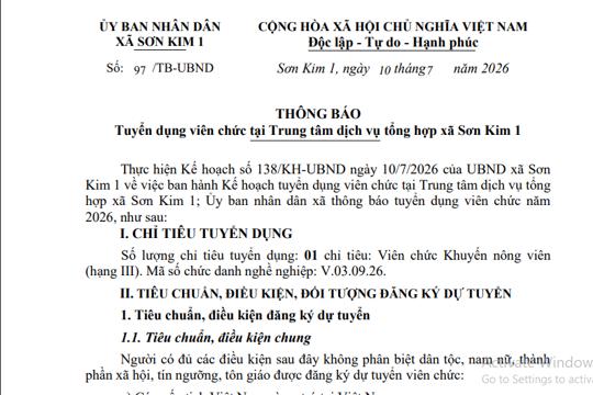Thông báo Tuyển dụng viên chức tại Trung tâm dịch vụ tổng hợp xã Sơn Kim 1 