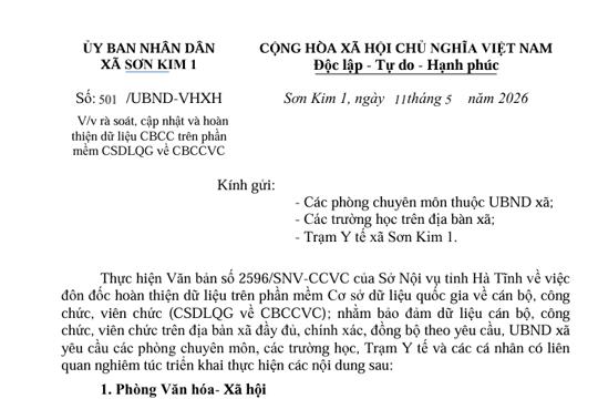 Công văn  rà soát, cập nhật và hoàn  thiện dữ liệu CBCC trên phần  mềm CSDLQG về CBCCVC