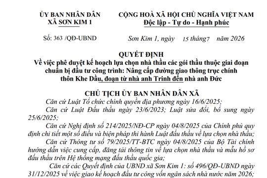 Quyết định phê duyệt kế hoạch lựa chọn nhà thầu các gói thầu thuộc giai đoạn chuẩn bị đầu tư công trình: Nâng cấp đường giao thông trục chính thôn Khe Dầu, đoạn từ nhà anh Trinh đến nhà anh Đức