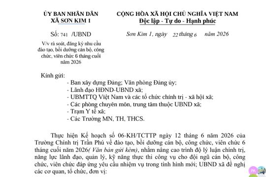 Công văn triển khai rà soát, đăng ký nhu cầu  đào tạo, bồi dưỡng cán bộ, công  chức, viên chức 6 tháng cuối  năm 2026. 