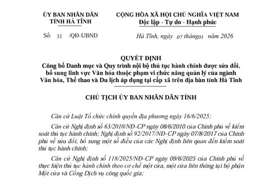 Quyết định Công bố Danh mục và Quy trình nội bộ thủ tục hành chính được sửa đổi,  bổ sung lĩnh vực Văn hóa thuộc phạm vi chức năng quản lý của ngành   Văn hóa, Thể thao và Du lịch áp dụng tại cấp xã trên địa bàn tỉnh Hà Tĩnh