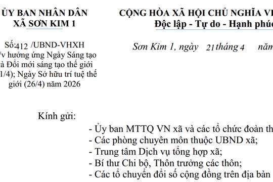 Công văn hưởng ứng Ngày Sáng tạo và Đổi mới sáng tạo thế giới (21/4); Ngày Sở hữu trí tuệ thế giới (26/4) năm 2026