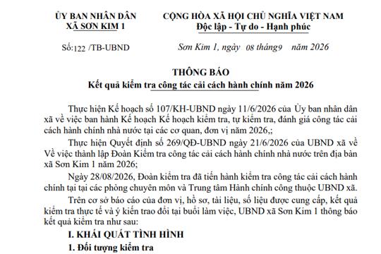 Thông báo Kết quả kiểm tra công tác cải cách hành chính năm 2026