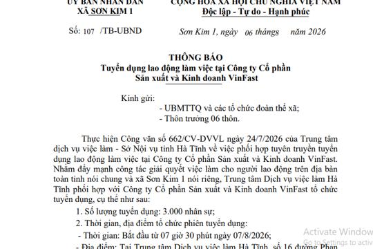 Thông báo Tuyển dụng lao động làm việc tại Công ty Cổ phần Sản xuất và Kinh doanh VinFast