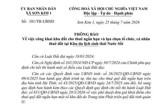 Thông báo  công khai khu đất cho thuê ngắn hạn và lựa chọn tổ chức, cá nhân  thuê đất tại Khu du lịch sinh thái Nước Sốt