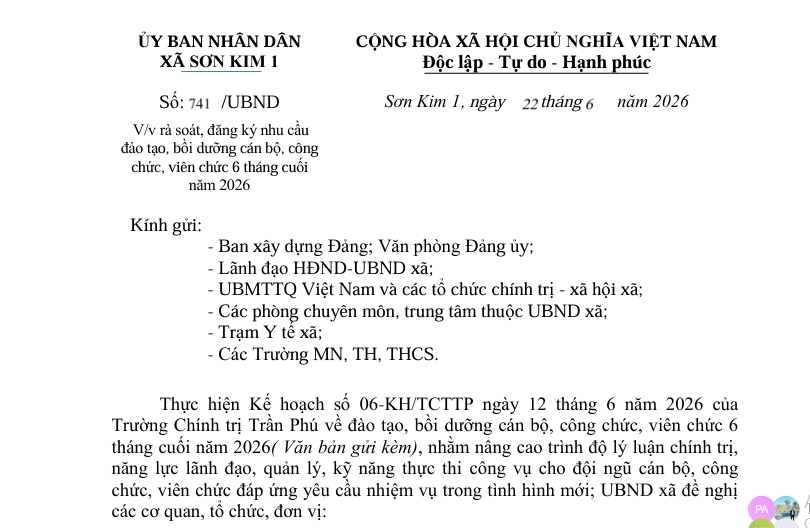 Công văn  rà soát, đăng ký nhu cầu  đào tạo, bồi dưỡng cán bộ, công  chức, viên chức 6 tháng cuối  năm 2026