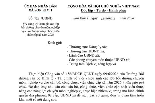 Công văn đăng ký tham gia các lớp  bồi dưỡng chuyên môn, nghiệp  vụ cho cán bộ, công chức, viên  chức cấp xã năm 2026  